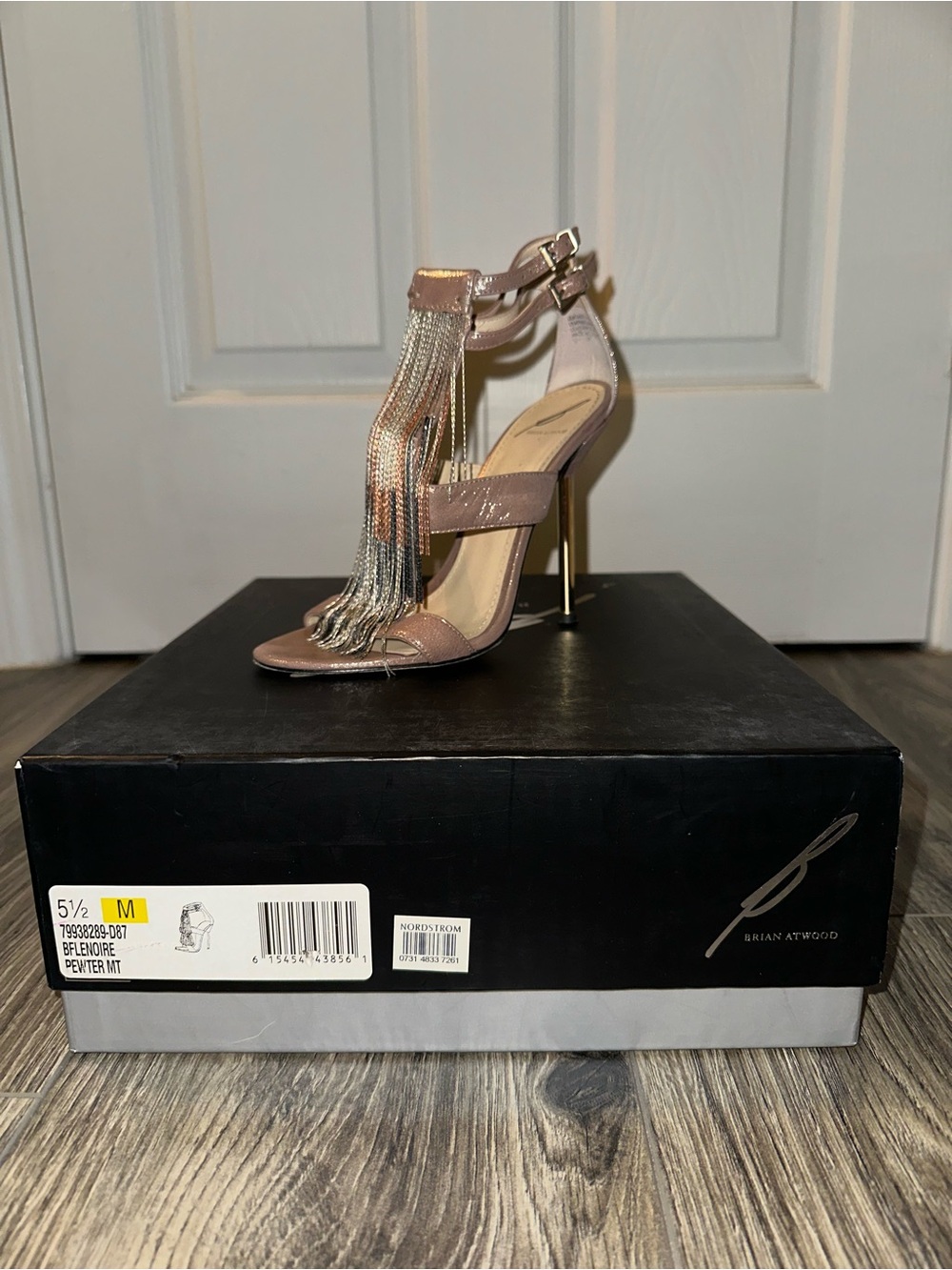 Brian Atwood Metallic Rose Gold Fringe T-Strap Stiletto Sandals